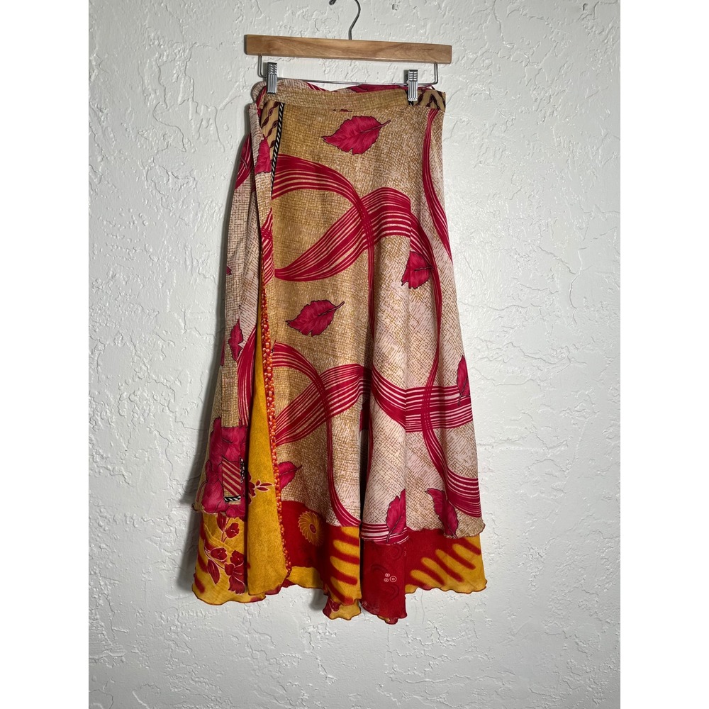 Flower Reversible Wrap Skirt Red Yellow Floral Print Boho Midi NWT Free Size